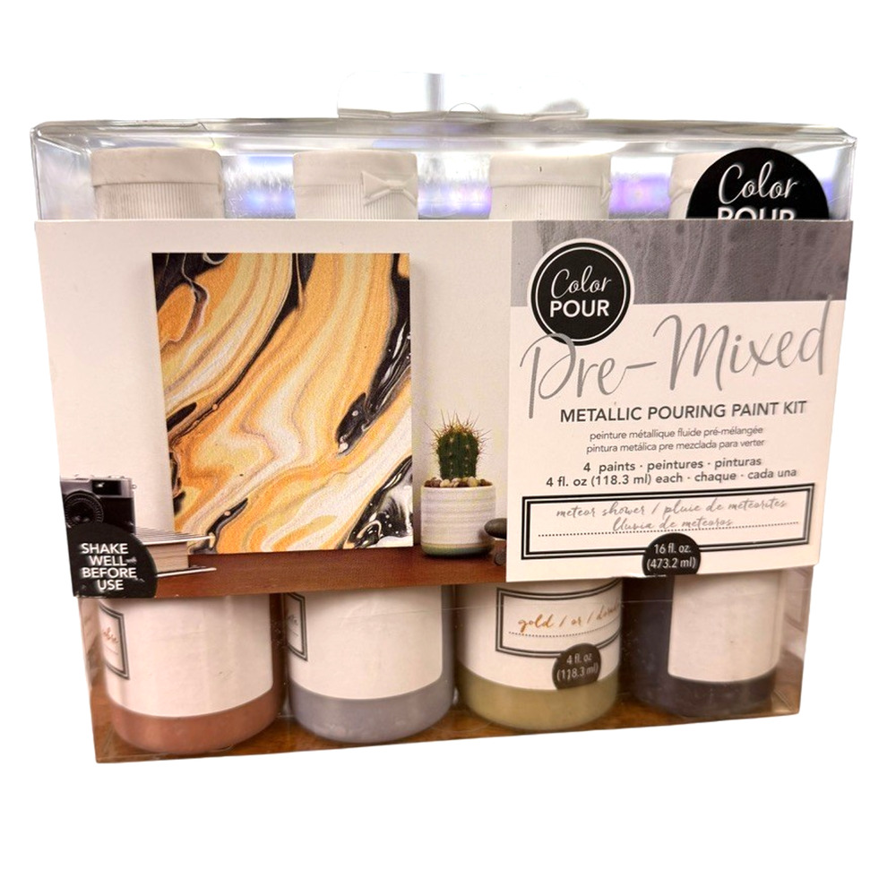 American Crafts Color Pour Pre Mixed Metallic Pouring Paint Kit 4 x 4 oz Bottle